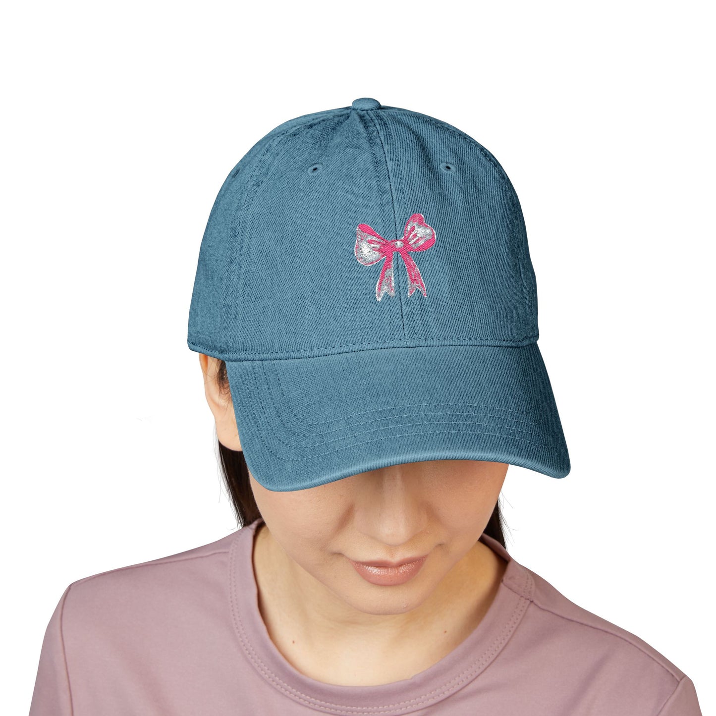 Embroidered Pink Bow Denim Hat