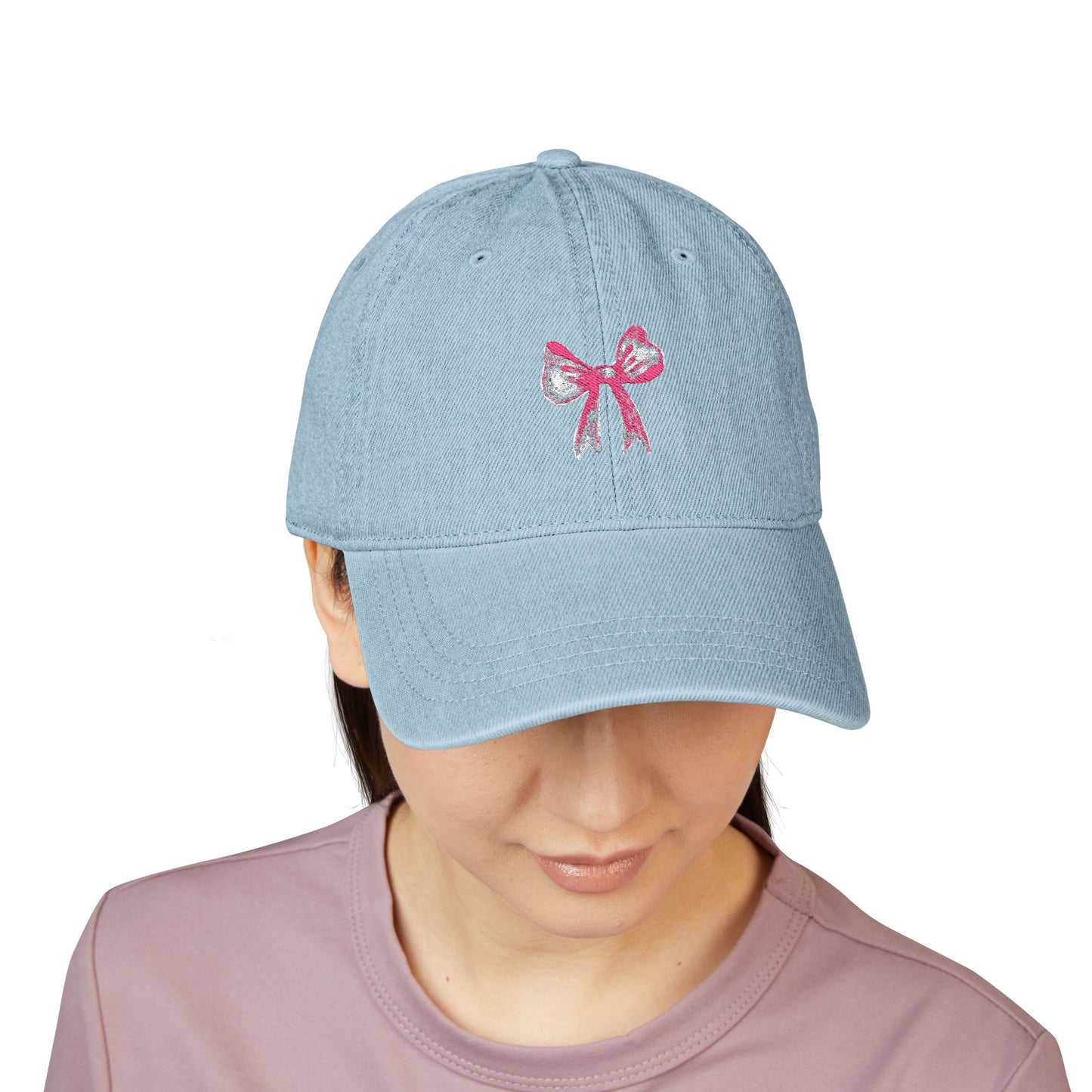 Embroidered Pink Bow Denim Hat
