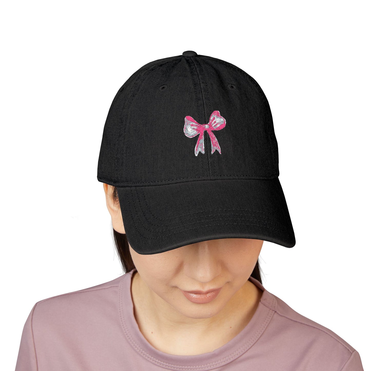 Embroidered Pink Bow Denim Hat